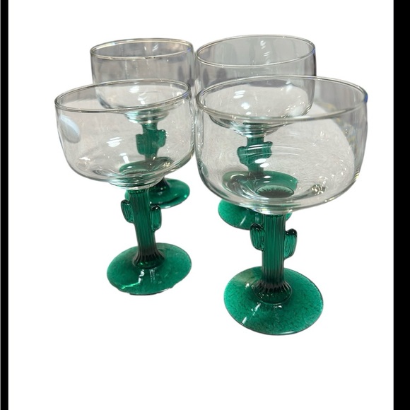 Libbey Other - Set Of 4 Libbey Cactus Margarita Wine Glasses W A Green Glass Stem